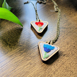 dark and light blue embroidered flower triangle wood necklace