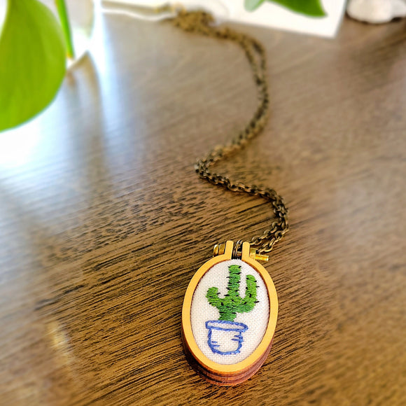 funky hand embroidered cactus wooden necklace