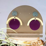 grey and purple wood acrylic circle earrings
