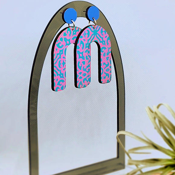 mod blue pink arch wood earrings