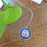 pink hand stitched roses blue silver necklace