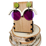 purple green acrylic wood dangle earrings