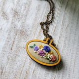 Floral Embroidered Oval Wood Necklace