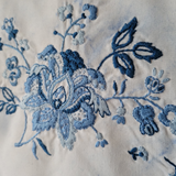 Close-up of a blue floral embroidery pattern on a blue dyed fabric background.