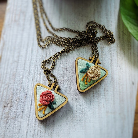 Hand Embroidered Rose Triangle Hoop Floral Necklaces