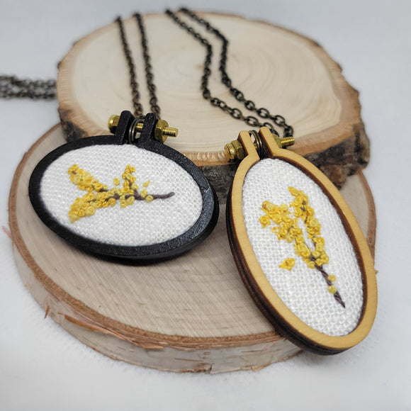 Forsythia Hand Embroidered Oval Wood Necklaces