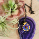 purple rose embroidered wooden hoop necklace