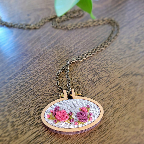 pink and purple hand embroidered rose necklace