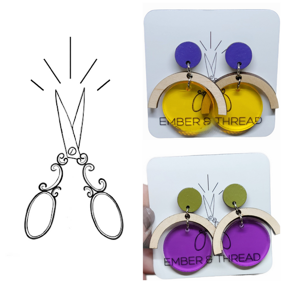yellow and purple acrylic wood earrings
