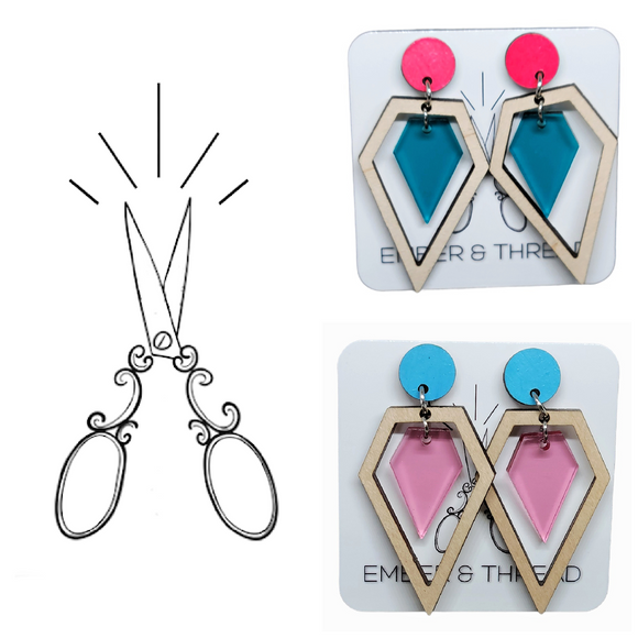 teal and light pink acrylic diamond maple earrings