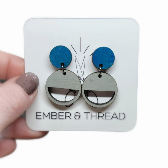 grey and blue wooden hoop earrings