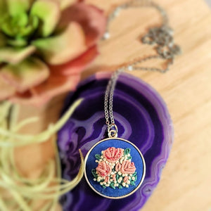 hand embroidered pink rose silver necklace