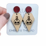 laser engraved skull and roses maple diamond earrings