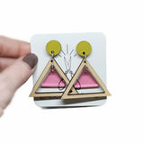 light pink acrylic triangle wood earrings