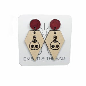 maple wood skull and roses red earrings
