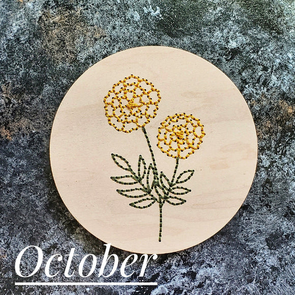 October Marigold Flower Embroidered Sign